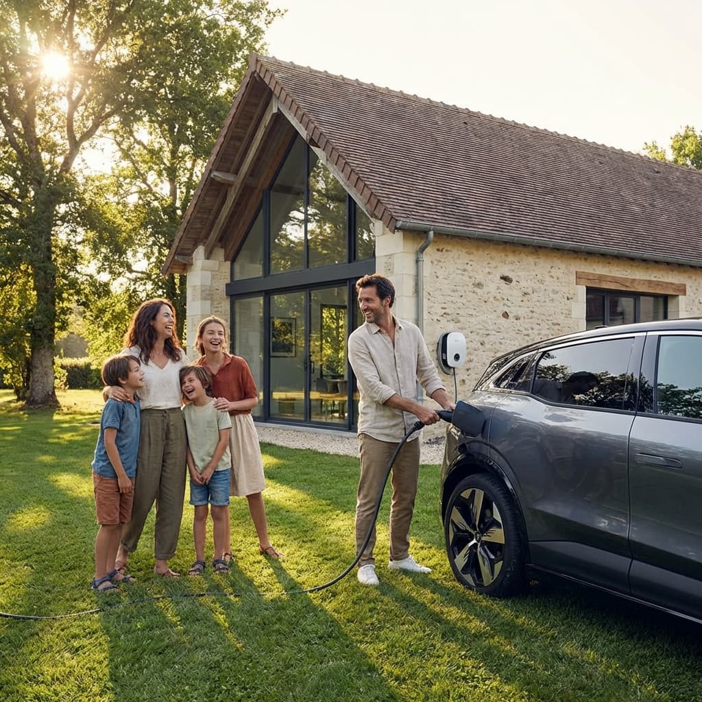 Famille rechargeant sa voiture électrique à domicile